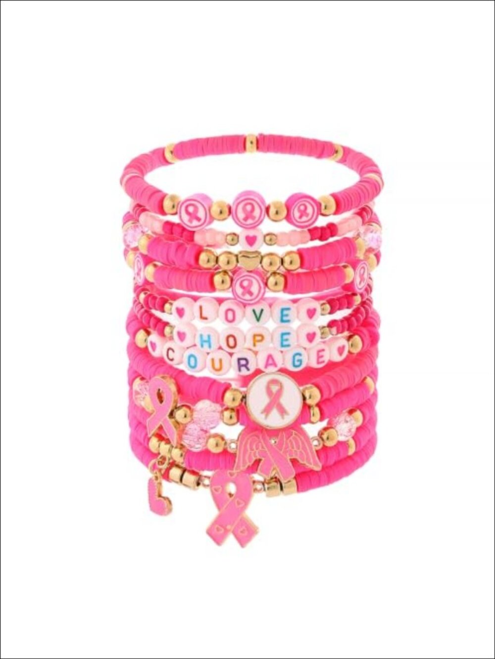 12pc Breast Cancer Awareness Bracelet Pack Polymer Clay Elastic Wristbands